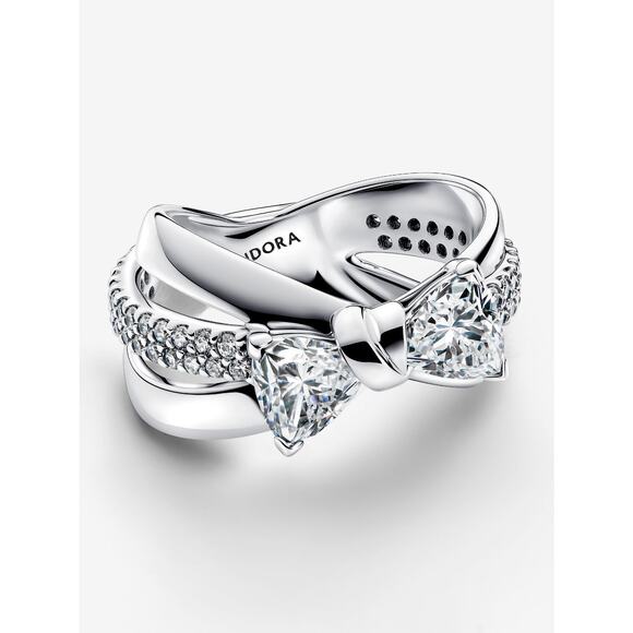 Pandora Sparkling Bow Crossover Ring Sterling Silver Cubic Zirconia Sz 5 - Picture 1 of 16
